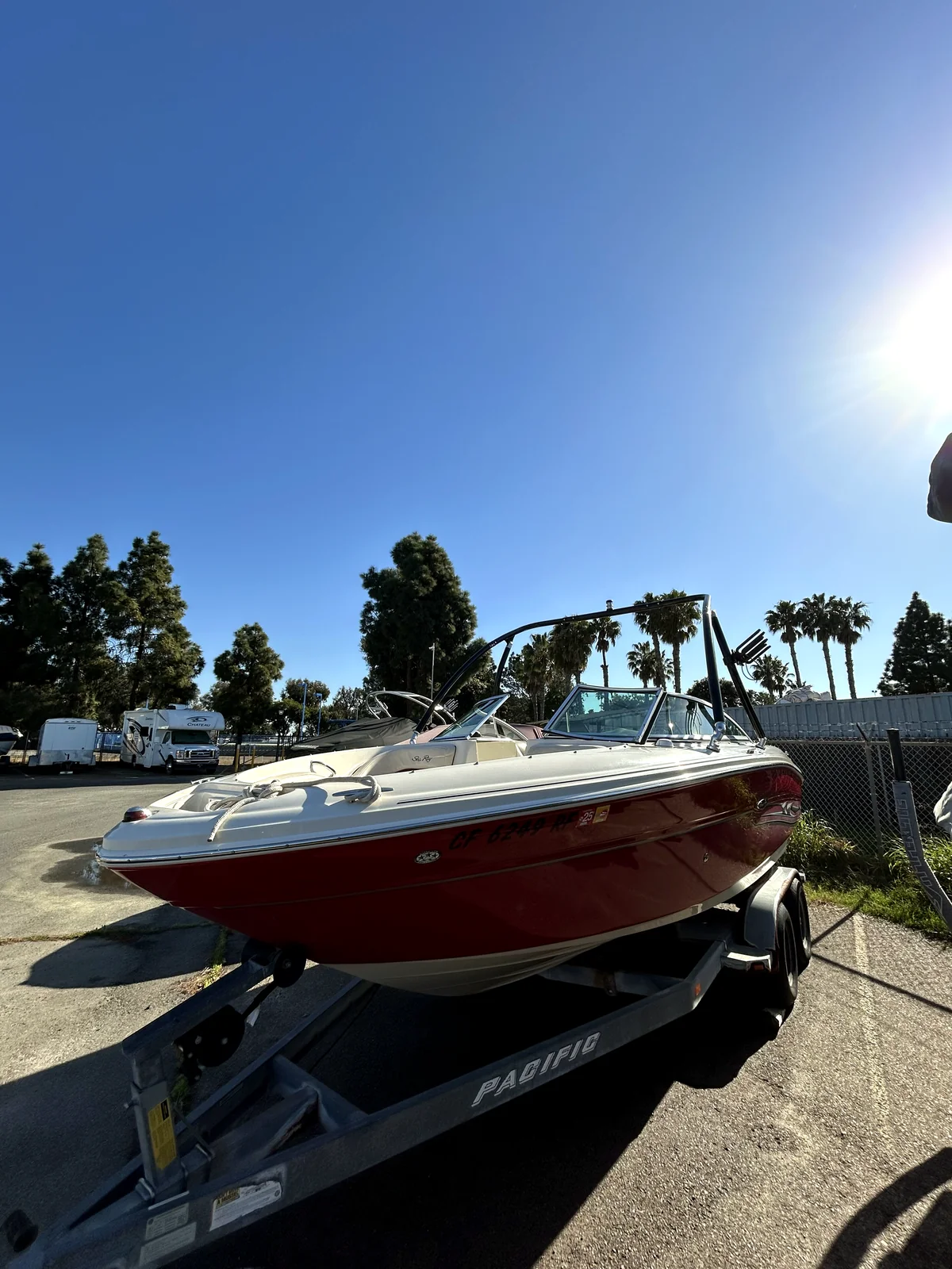 Red sport boat ready for service in San Diego after a HarborSide detail