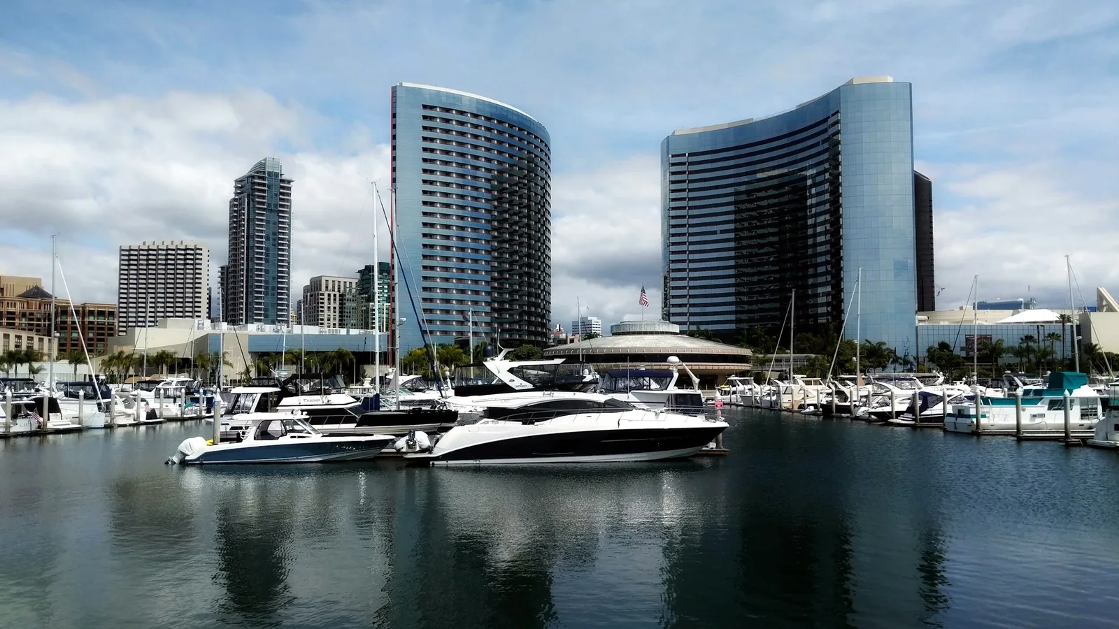San Diego marina with yachts docked along the downtown waterfront